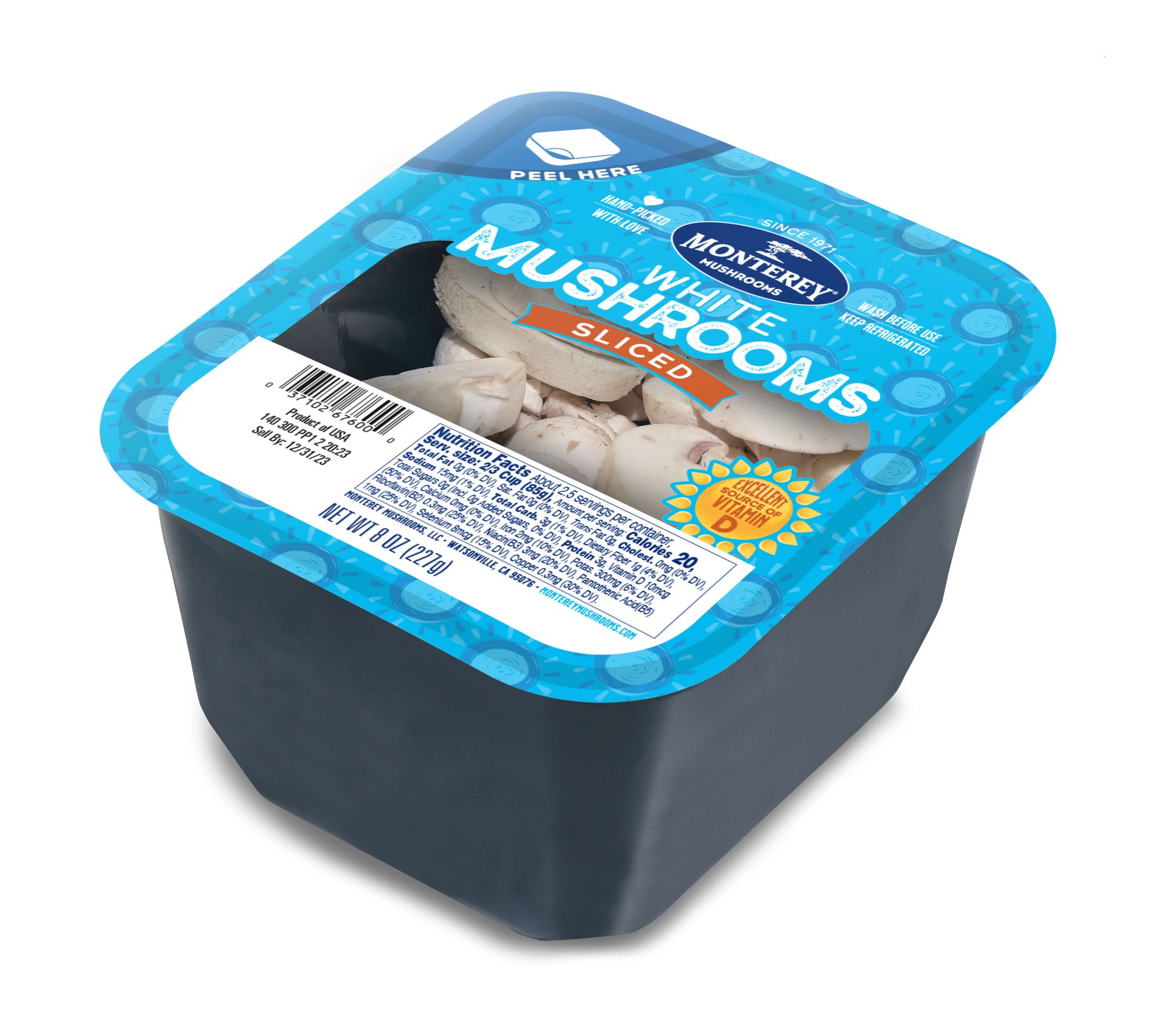 3/4 view of Sliced White Mushroom Packaging