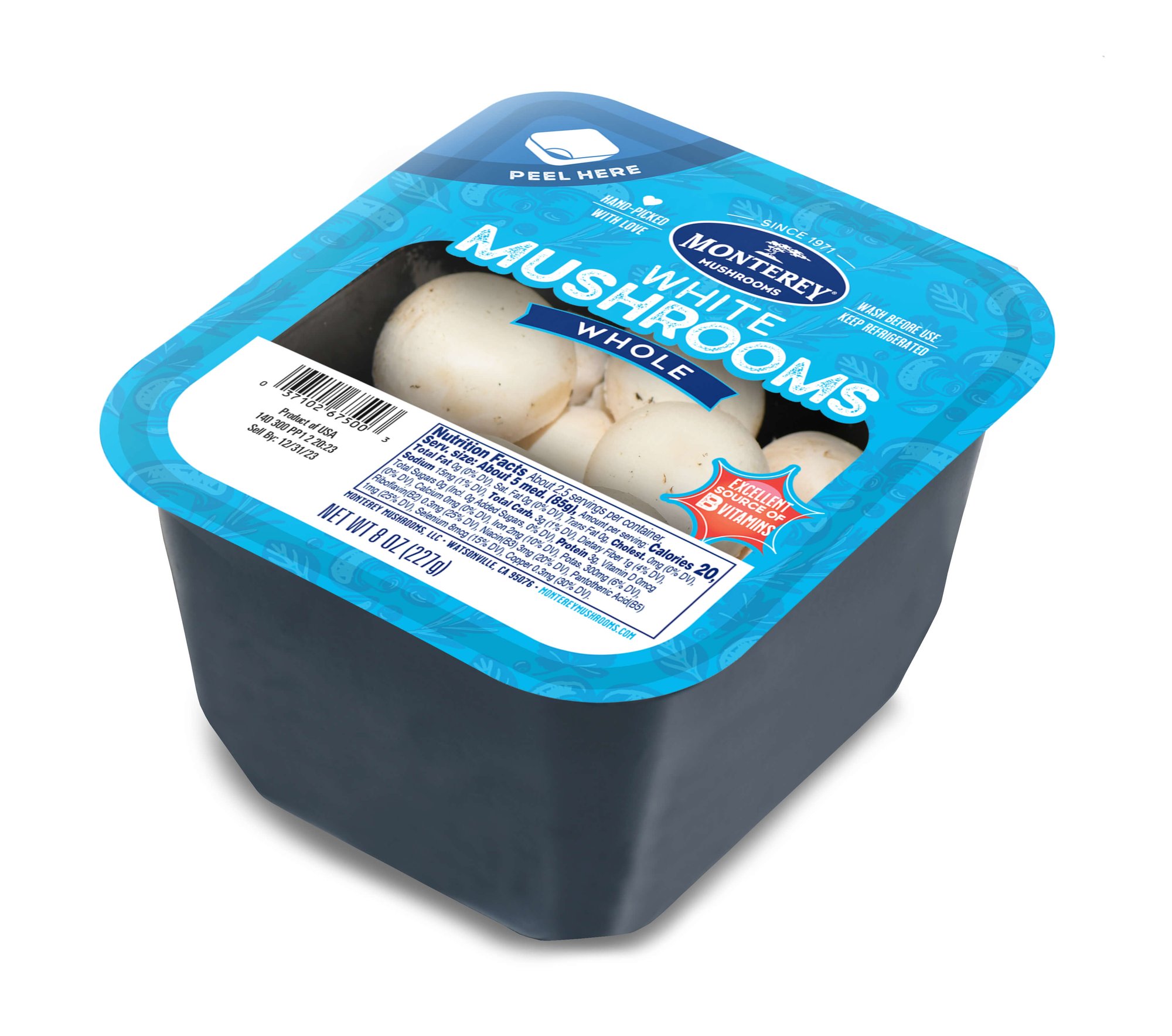 3/4 view of Whole White Mushroom Packaging