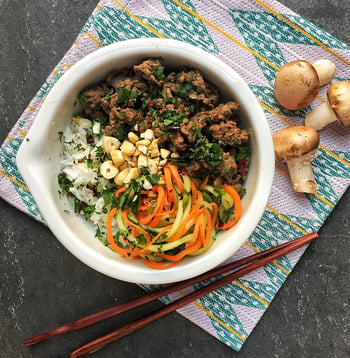 Blended Asian Beef Bowl with Cucumber and Carrot Salad