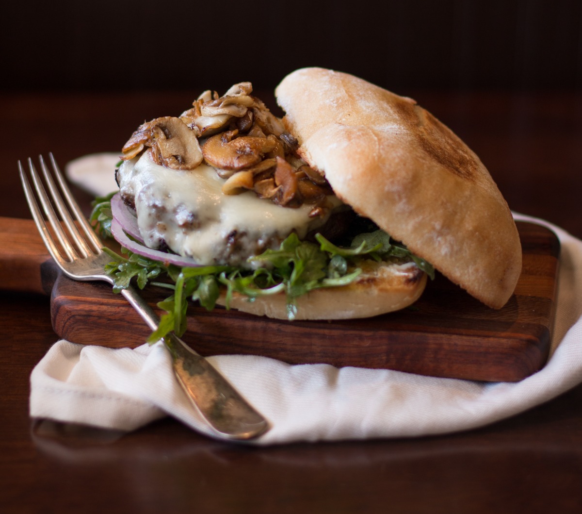 Classic Hamburger Topped with Sautéed Mushrooms