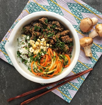 Blended Asian Beef Bowl with Cucumber and Carrot Salad 