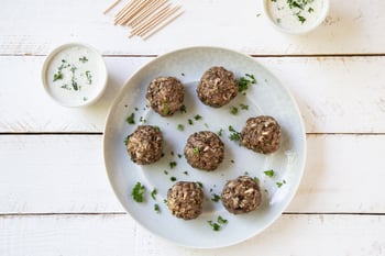 Lamb and Mushroom Blended Meatballs with Spiced Cucumber Yogurt Dipping Sauce