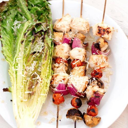 Chicken Caesar Kebabs with Grilled Romaine