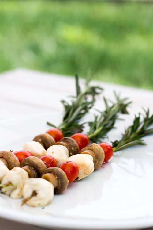 grilled caprese salad kebab skewers with rosemary and mushrooms