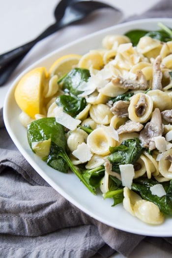 Oyster Mushroom and Spinach Orecchiette with Garlic and Lemon