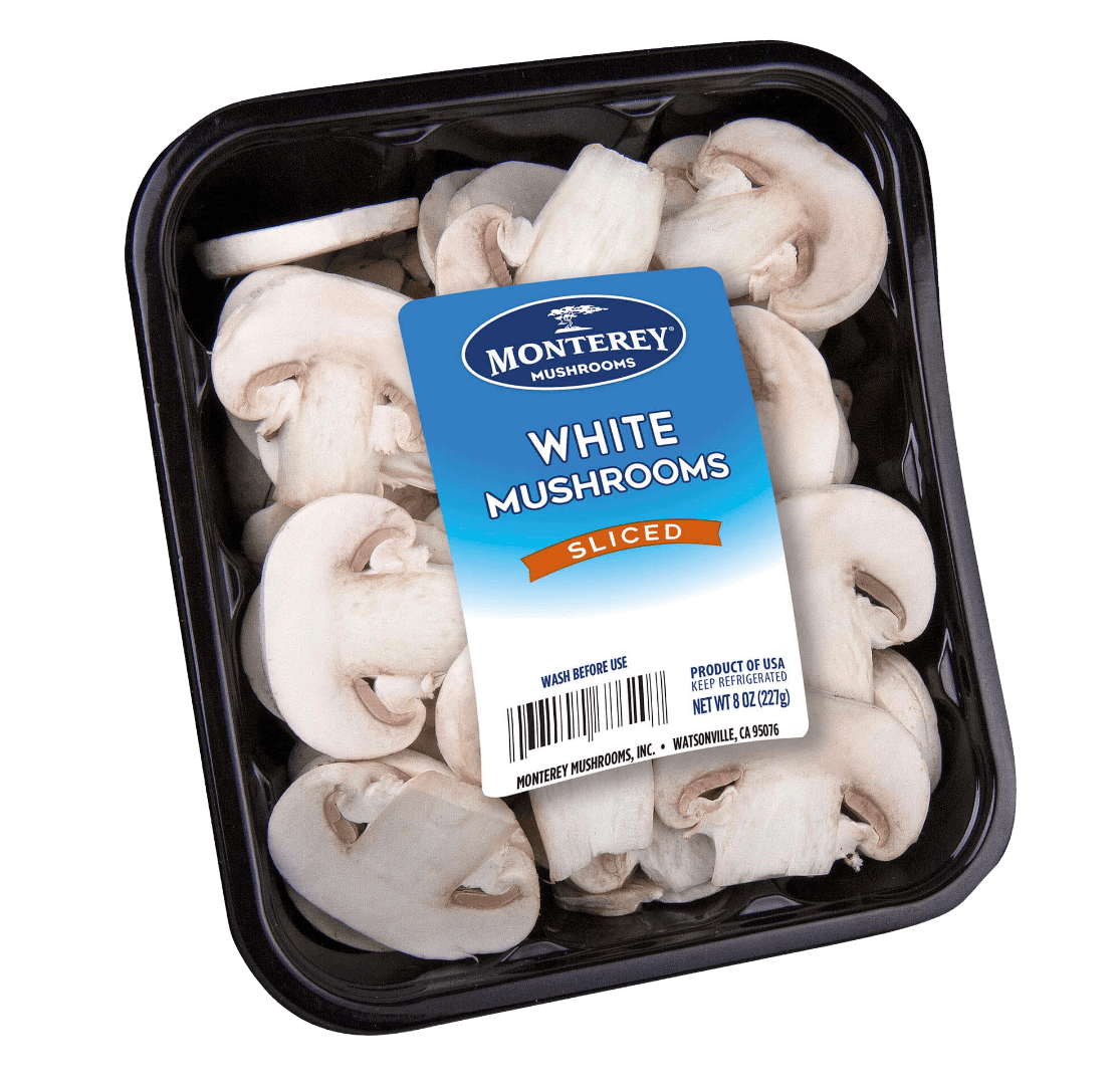 A wrapped container of sliced white mushrooms