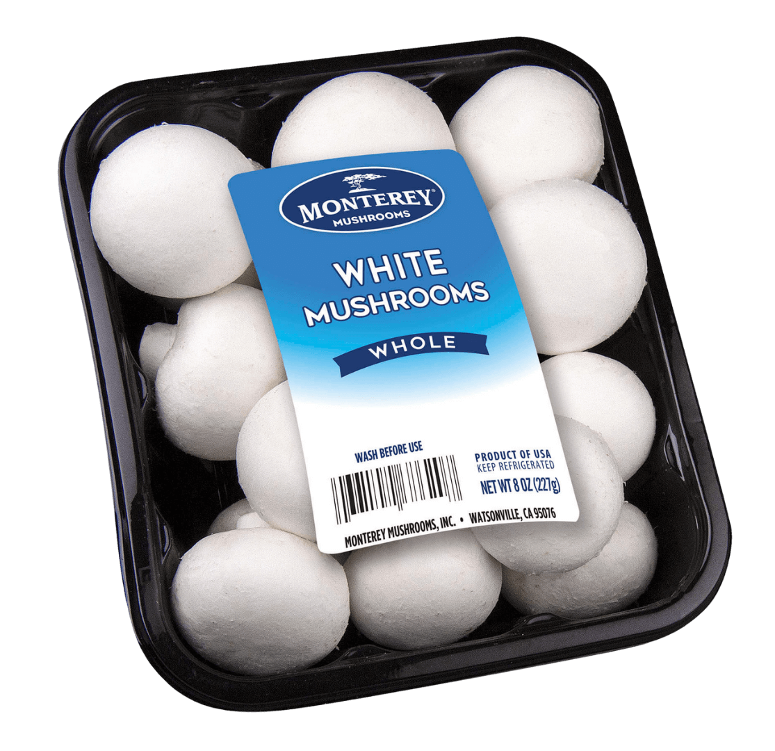 A wrapped container of whole white mushrooms